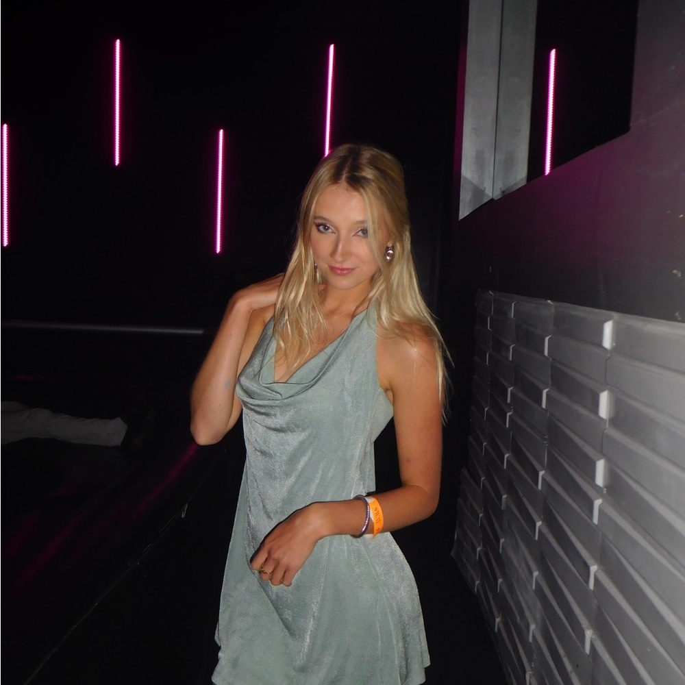 silvery blue dress with open back